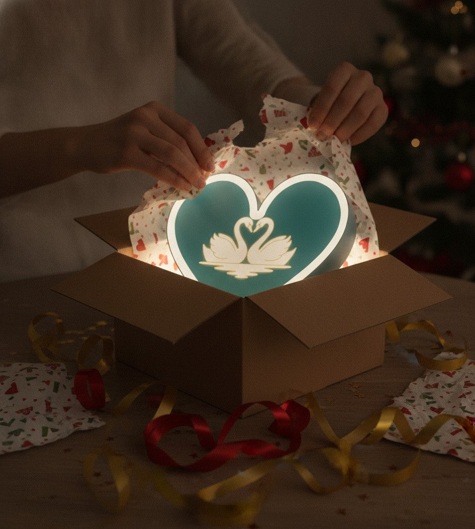 Schwanenpaar LED-Lampe als Geschenk beim Auspacken