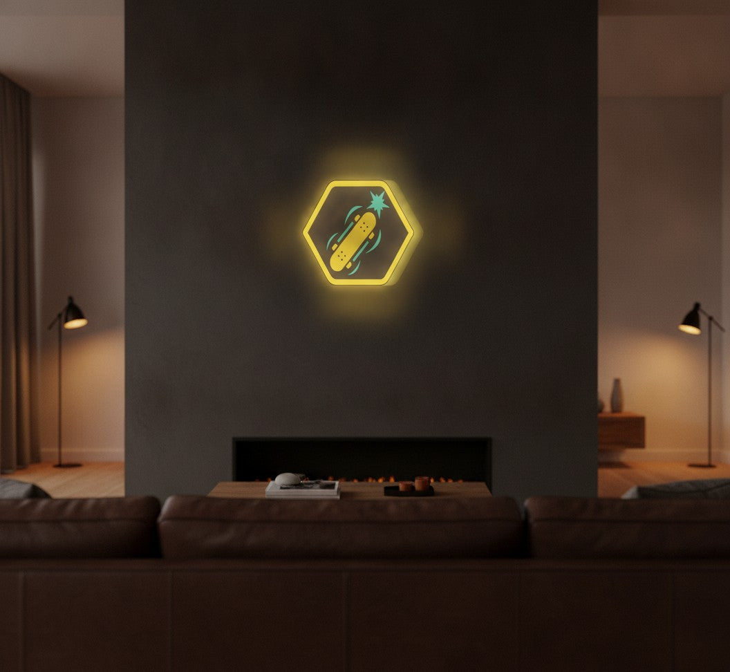 Skateboard LED-Lampe an der Wand im Wohnzimmer