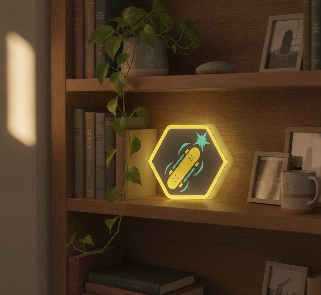 Skateboard LED-Lampe im Bücherregal