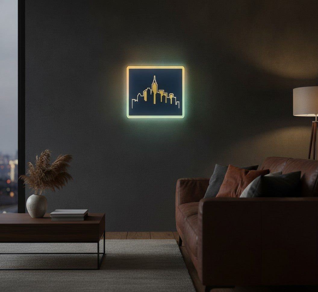 Skyline Metropole LED-Lampe an der Wand im Wohnzimmer