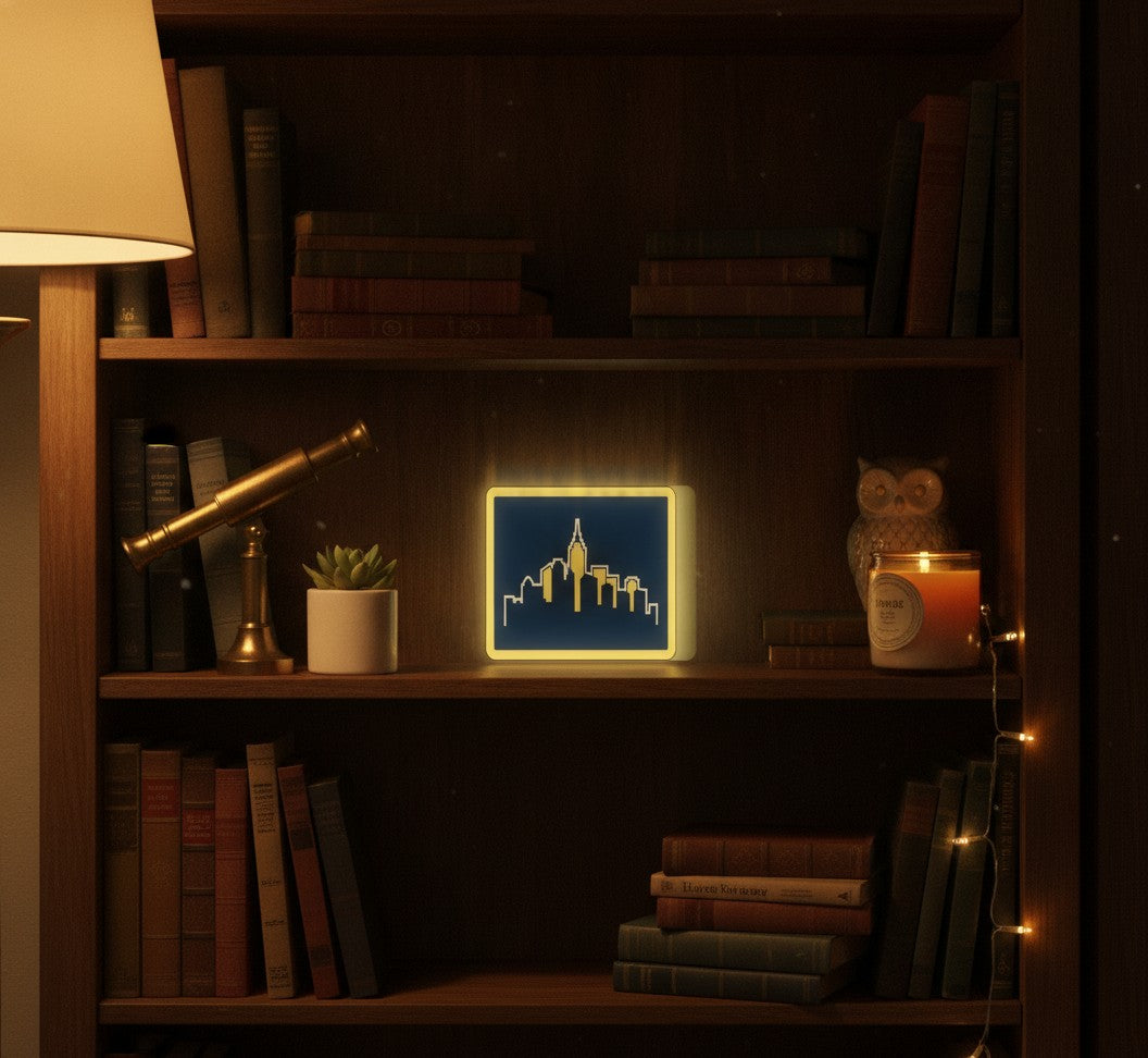 Skyline Metropole LED-Lampe im Bücherregal
