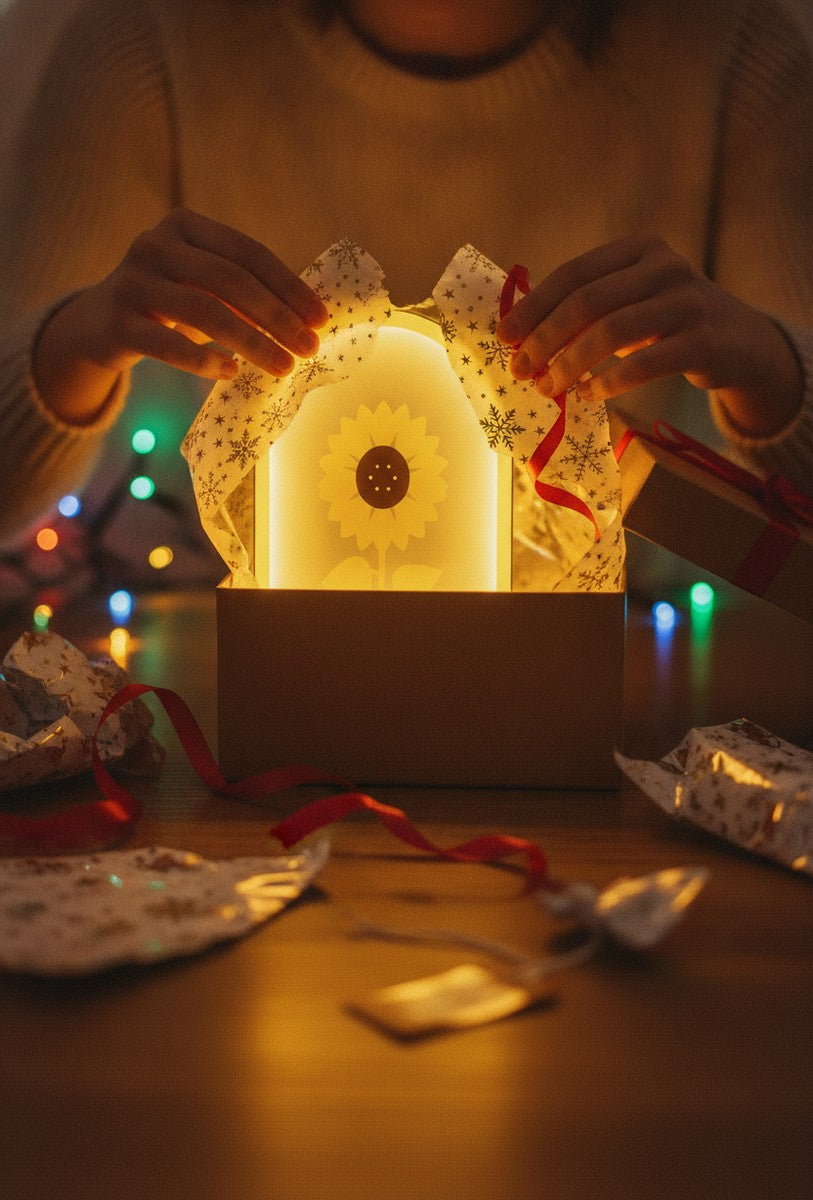 Sonnenblume LED-Lampe als Geschenk beim Auspacken