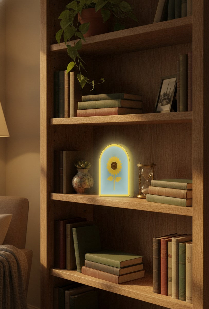 Sonnenblume LED-Lampe im Bücherregal