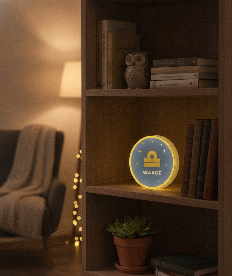 Sternzeichen Waage LED-Lampe im Bücherregal