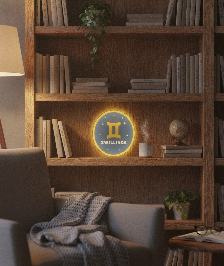 Sternzeichen Zwillinge LED-Lampe im Bücherregal