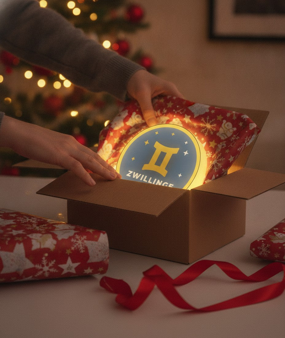 Sternzeichen Zwillinge LED-Lampe als Geschenk beim Auspacken