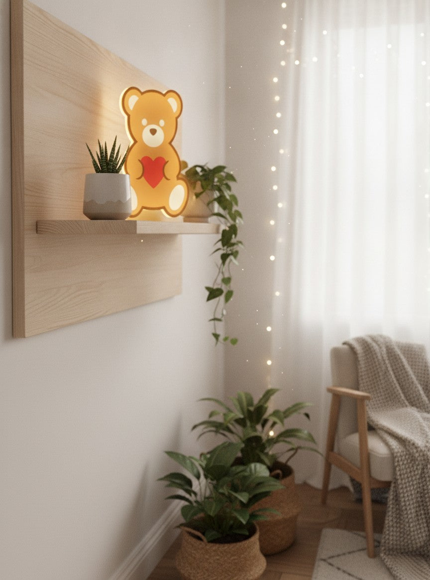 Teddybär mit Herz LED-Lampe im Schlafzimmer