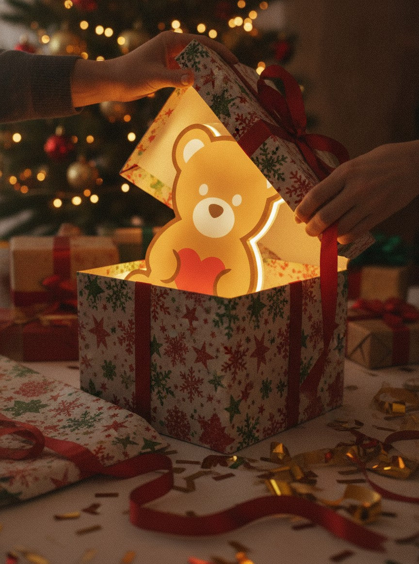 Teddybär mit Herz LED-Lampe als Geschenk beim Auspacken