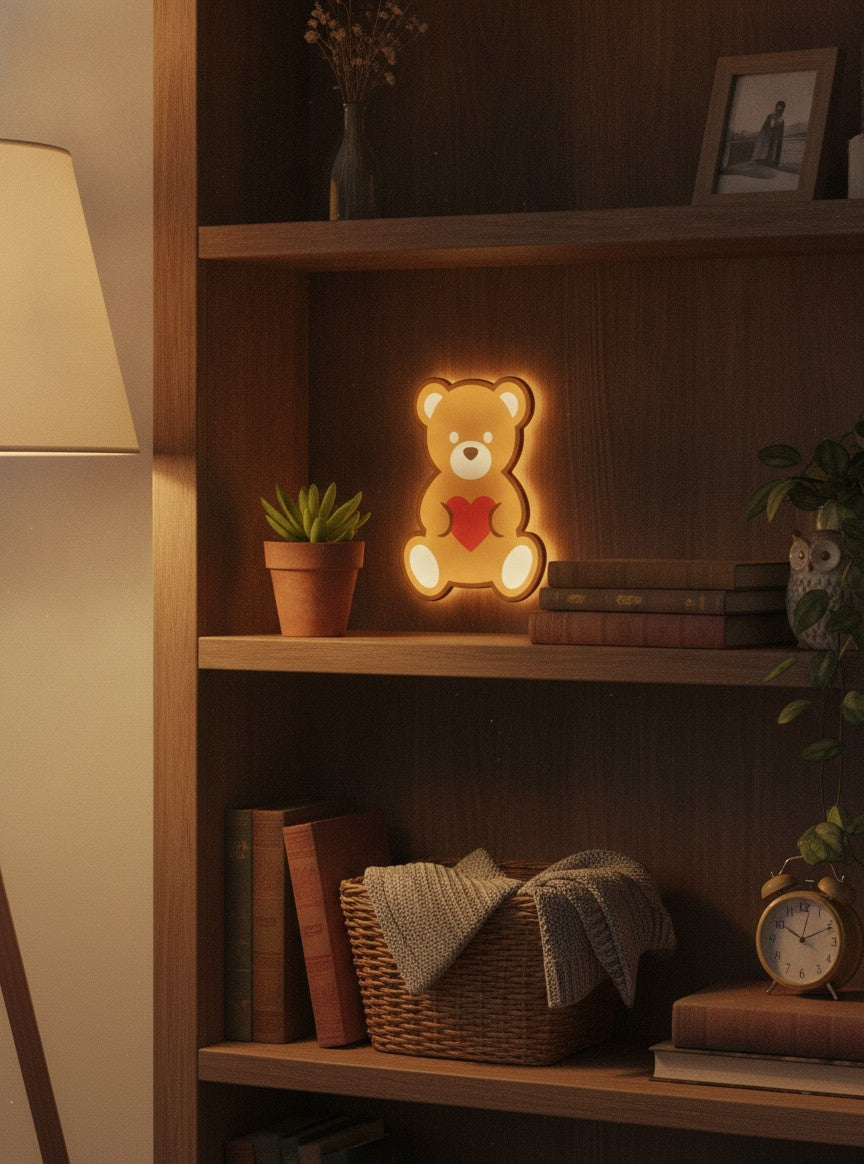 Teddybär mit Herz LED-Lampe im Bücherregal
