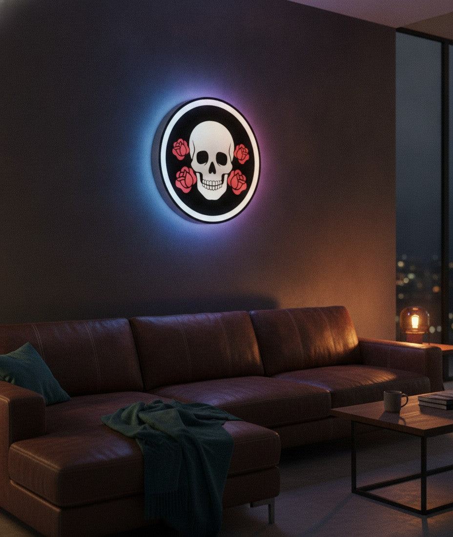 Totenkopf mit Blumen LED-Lampe an der Wand im Wohnzimmer