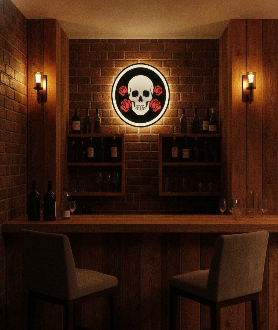 Totenkopf mit Blumen LED-Lampe in der Kellerbar