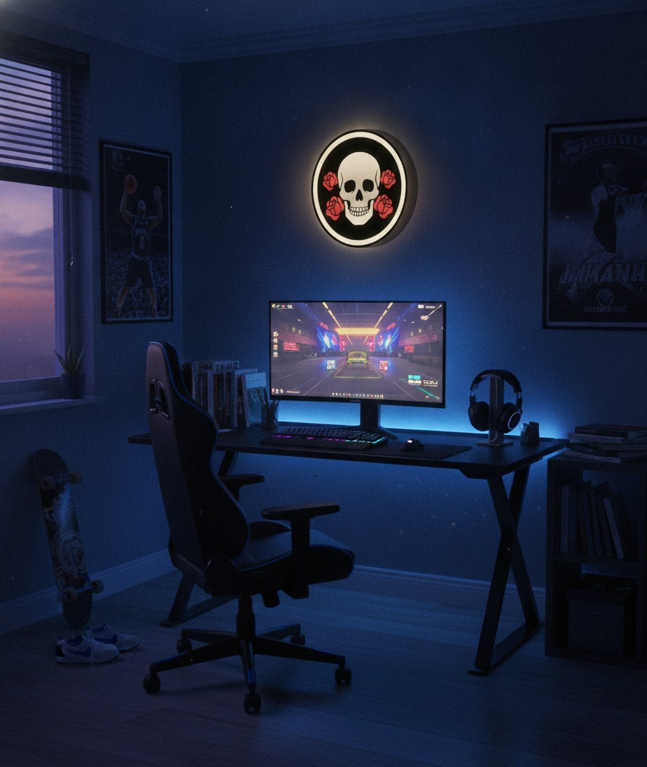 Totenkopf mit Blumen LED-Lampe im Jugendzimmer