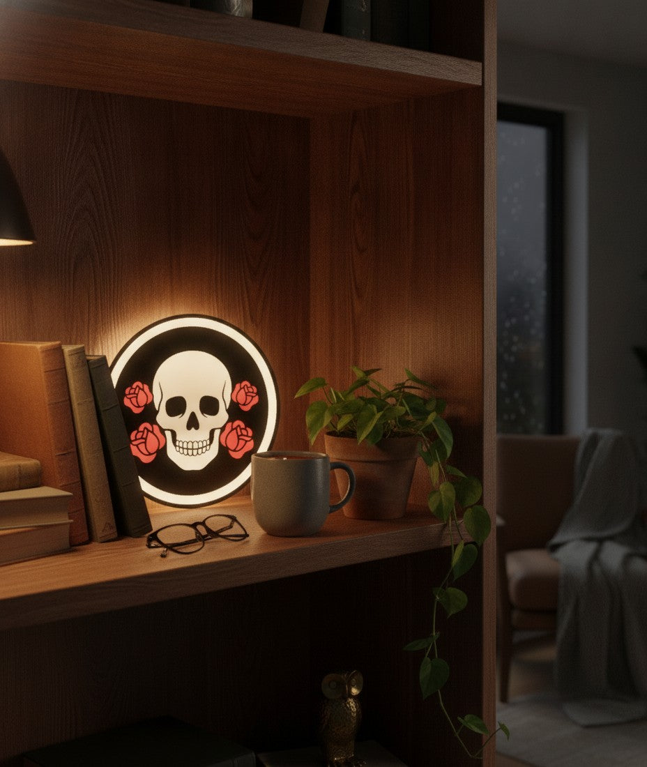 Totenkopf mit Blumen LED-Lampe im Bücherregal