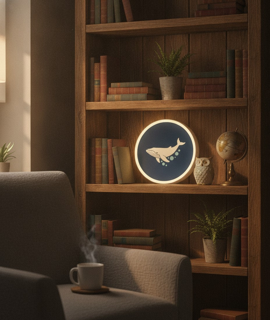 Buckelwal LED-Lampe im Bücherregal