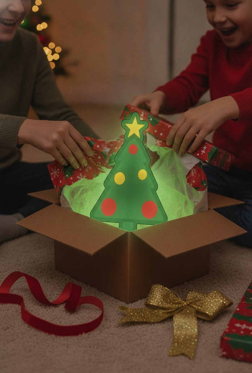 Weihnachtsbaum LED-Lampe als Geschenk beim Auspacken