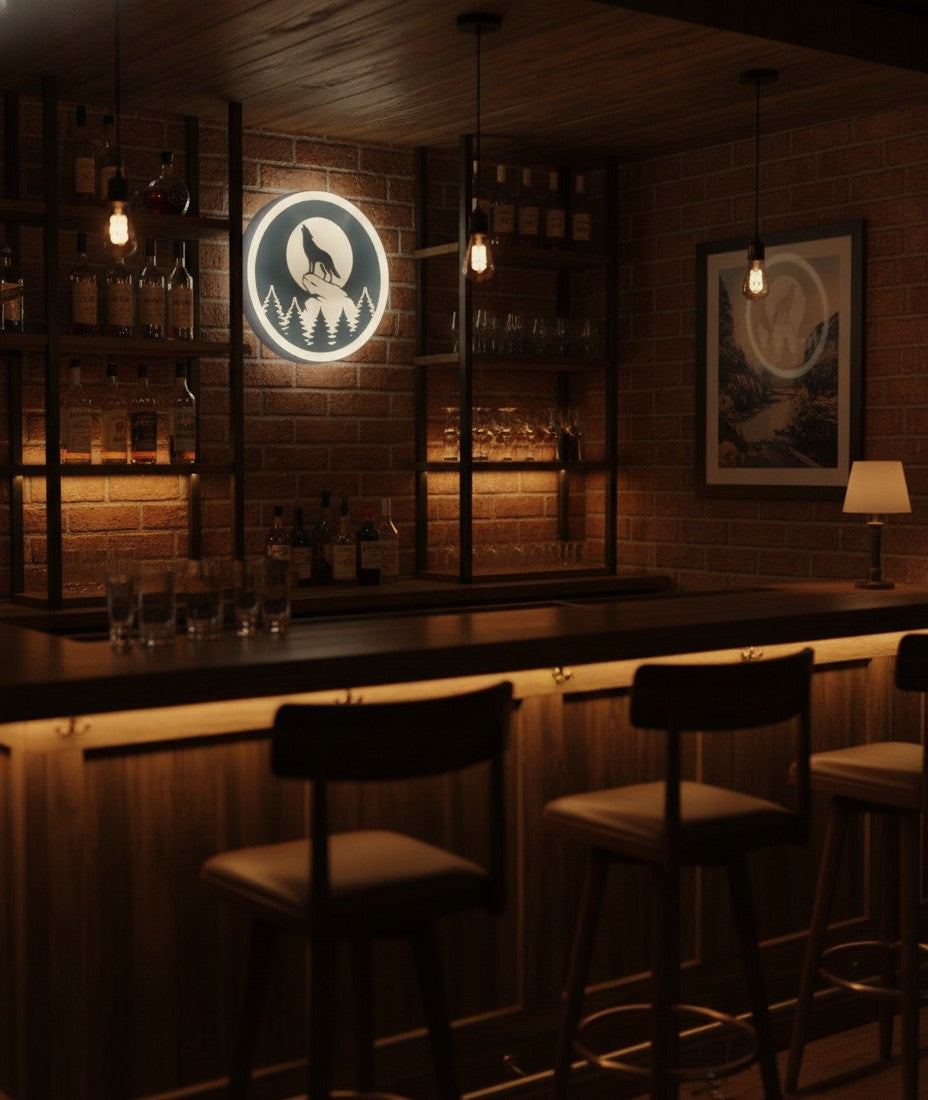Wolf heult den Mond an LED-Lampe in der Kellerbar