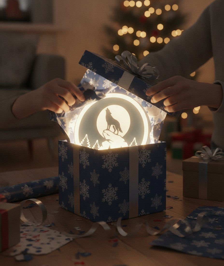 Wolf heult den Mond an LED-Lampe als Geschenk beim Auspacken