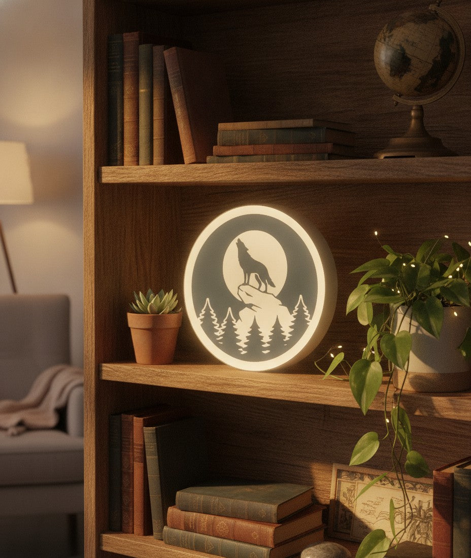 Wolf heult den Mond an LED-Lampe im Bücherregal