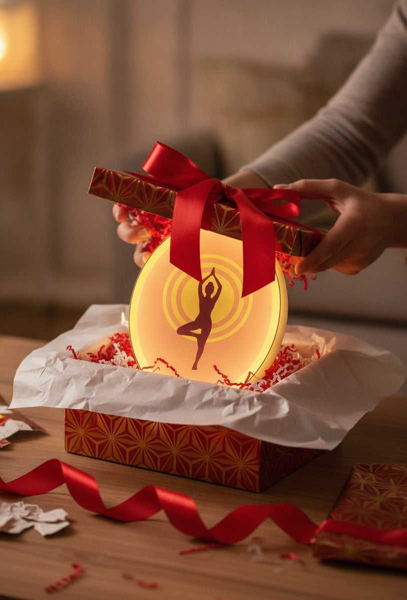 Yoga Baum-Pose LED-Lampe als Geschenk beim Auspacken